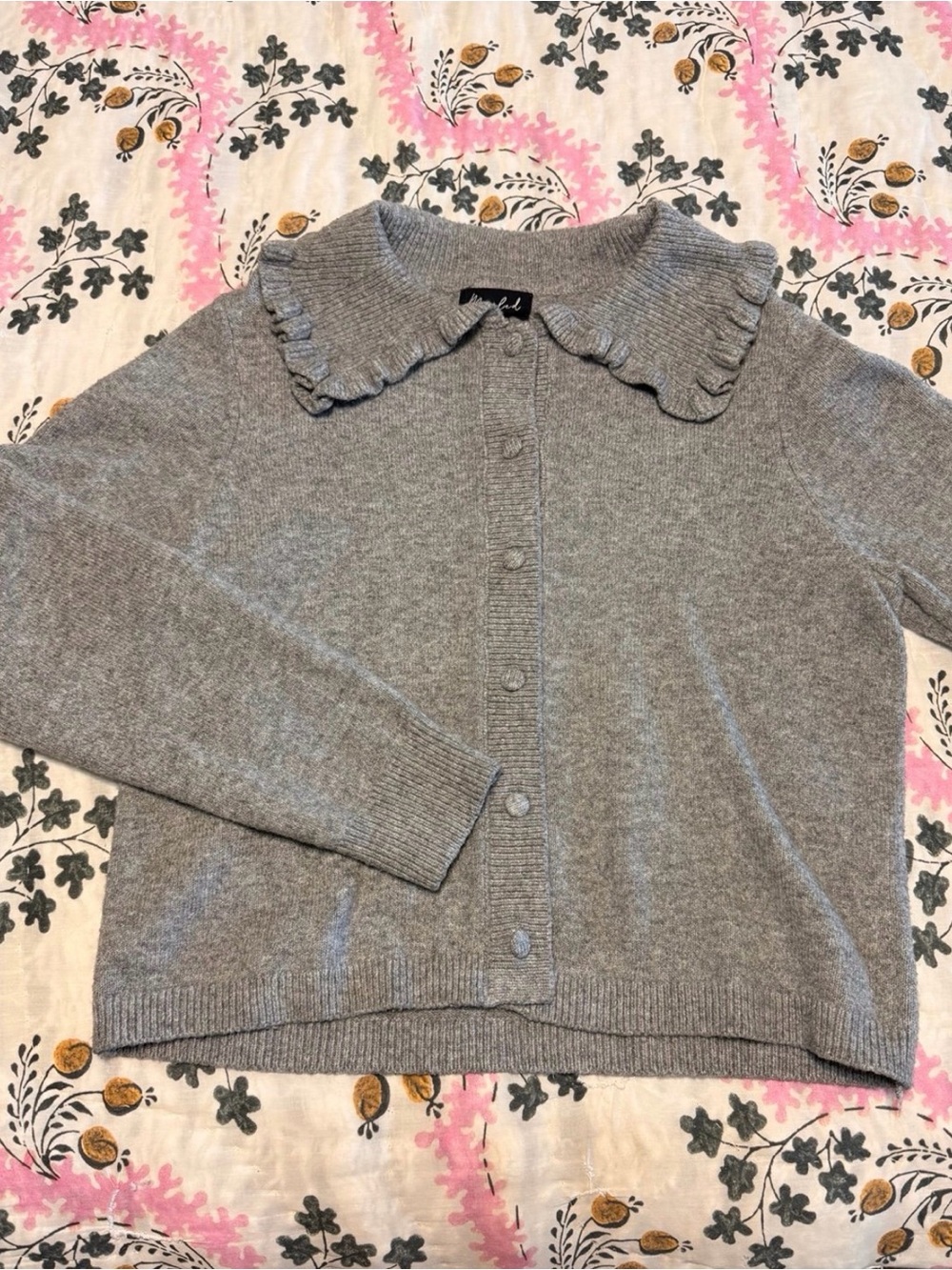 Women’s Gray Ruffle-Collar Button-Up Sweater